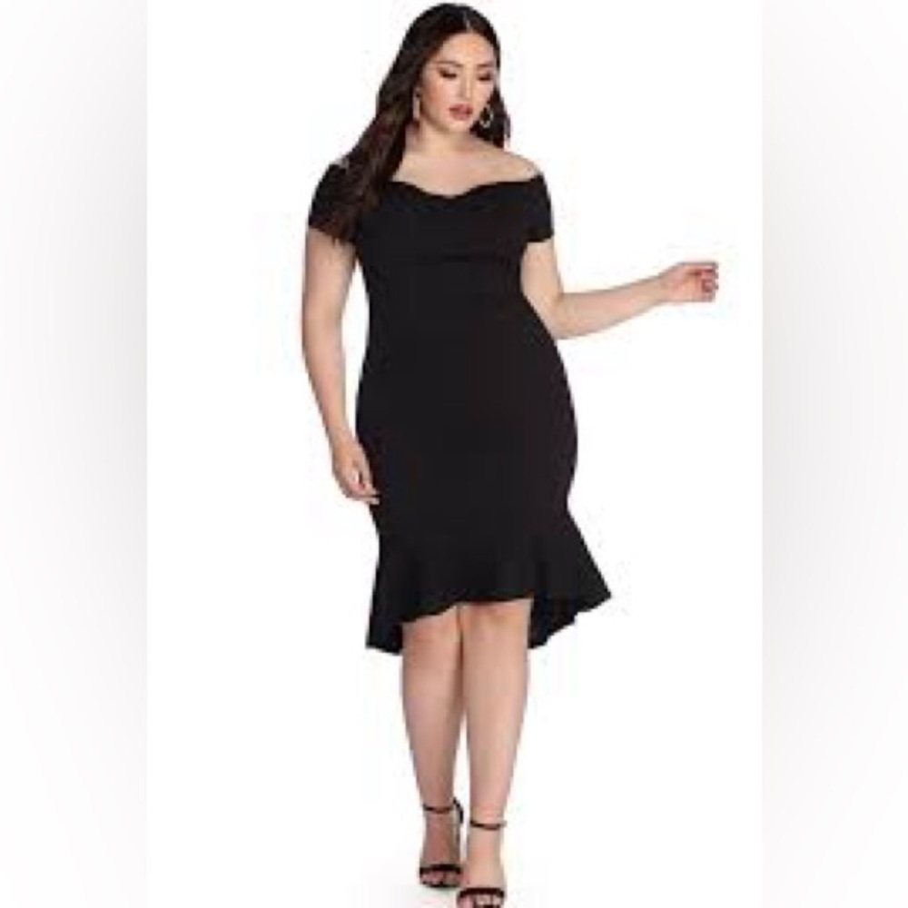 NWT Marina Plus Off The Shoulder Scuba Crepe Flounce Black Cocktail Dress 22W